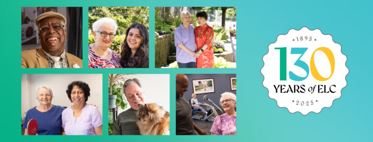 130 years of ELC logo and smiling faces of staff and residents